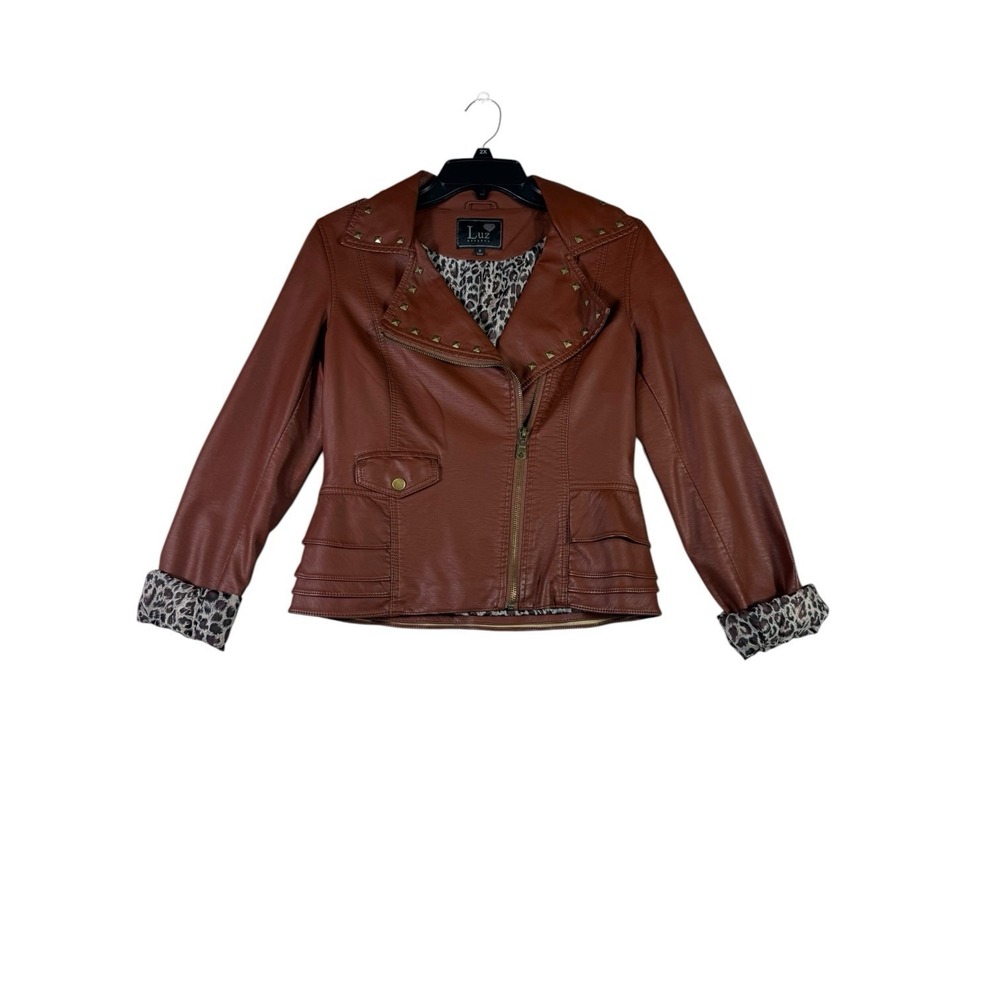 Luz Apparel Y2K Brown Faux Leather Moto Jacket Leopard Print Studded Women's Med